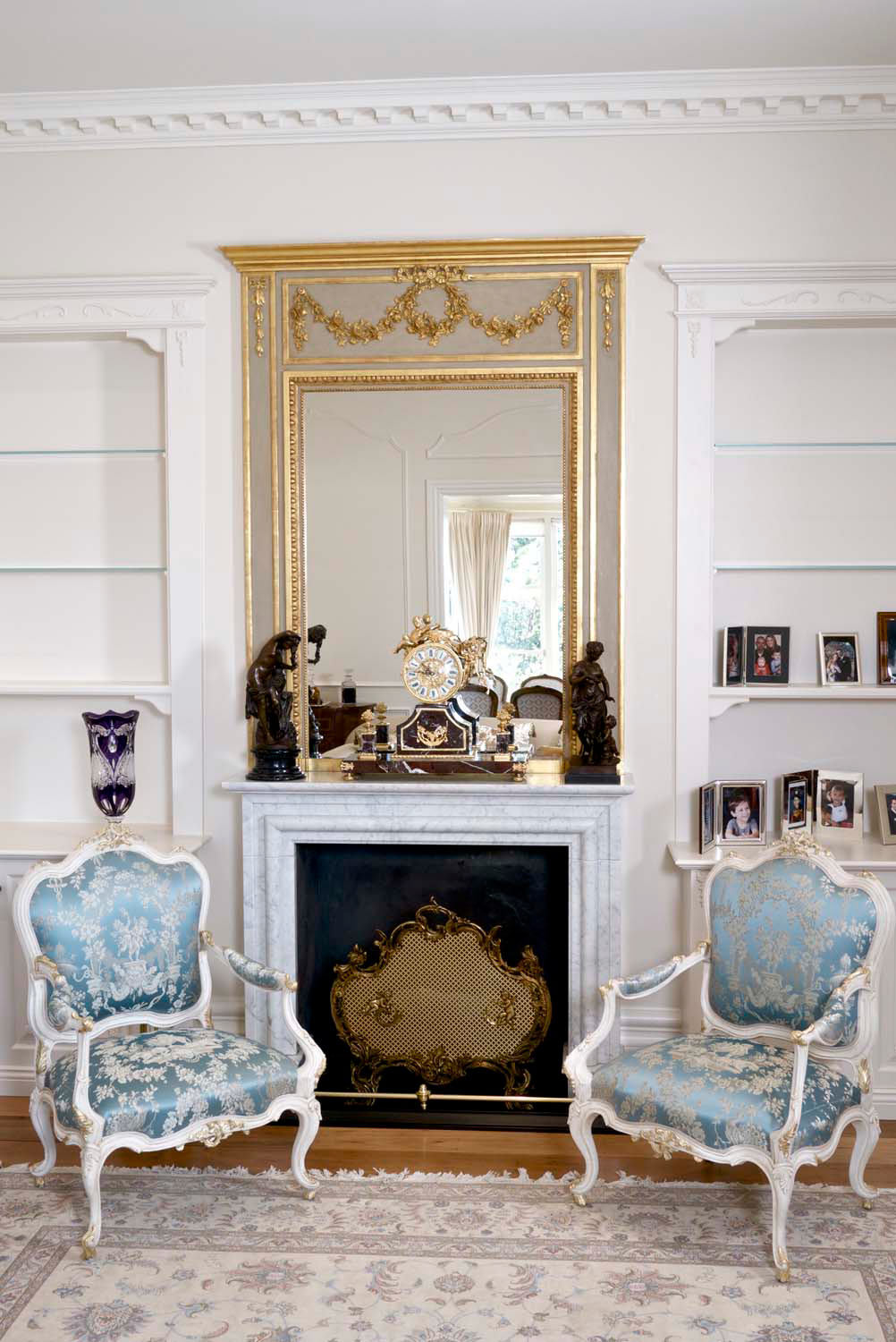 5 French Louis armchairs with gold and demask fabric and french mirror