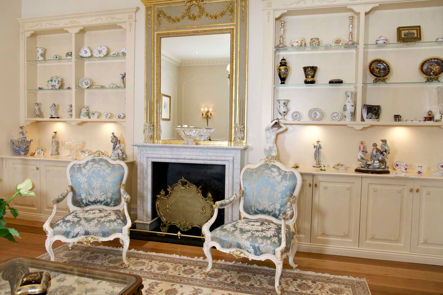 5 French classic lounge room interior with louis armchairs and bookcase cusotm made