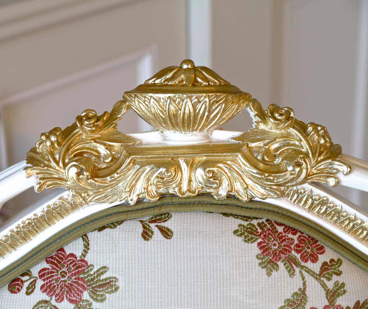 5 French gilding on floral carving of chair top with french louis fabric