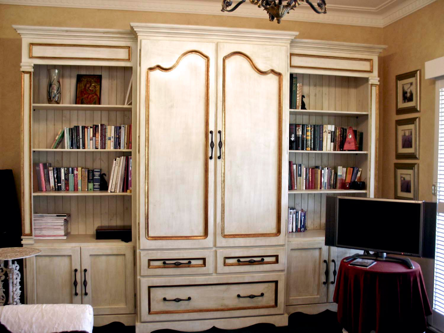 6 French bookcase with doors and custom painted finish and gold trim