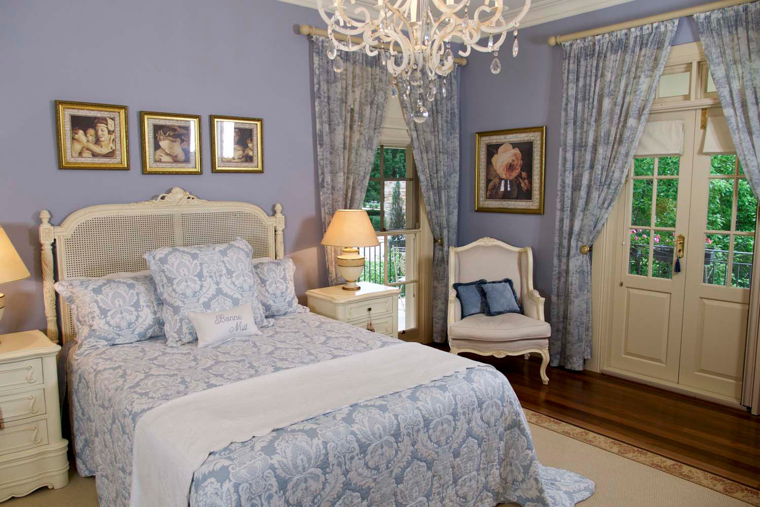 8 French bedroom with white painted bed with beautiful blue fabrics and Louis XV white painted armchair