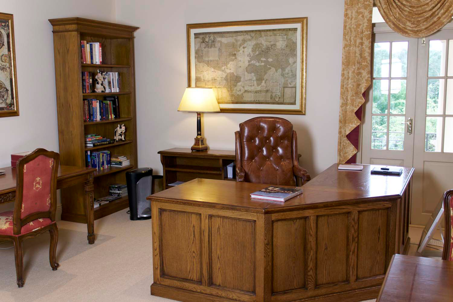 9 Formal study or office with french furniture and curtains with armchair and lamp