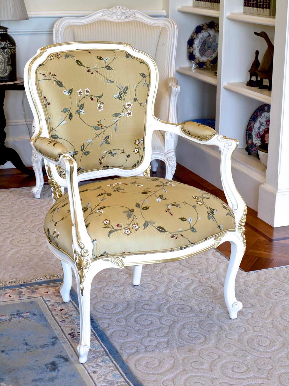 9 French dining chair or salon chair finished in white with gold and silk fabric