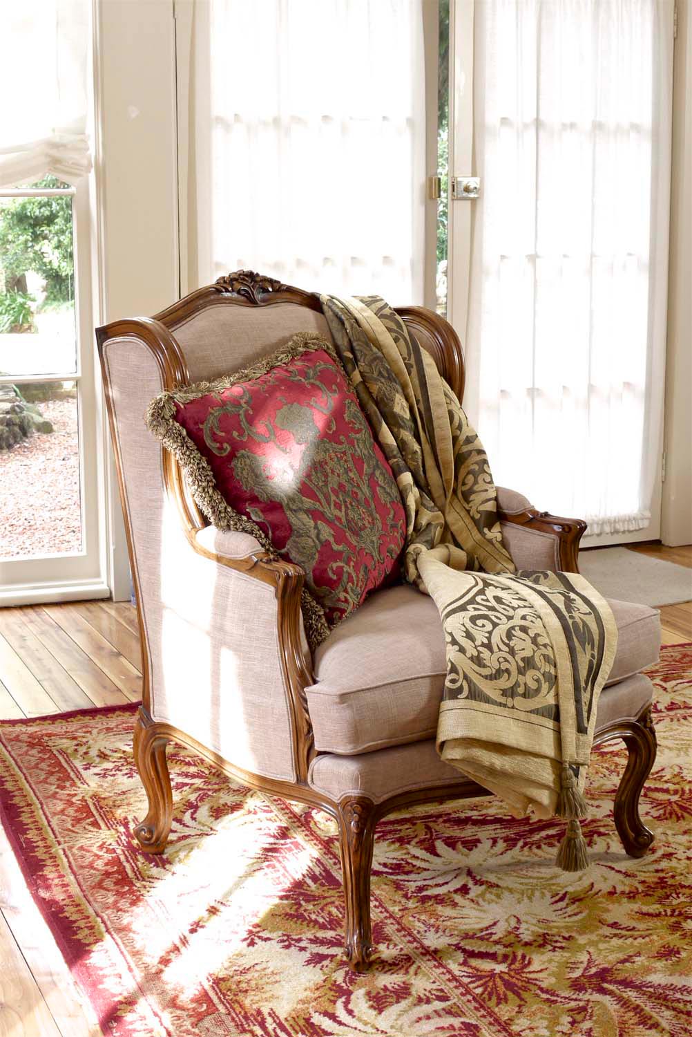 9 French wingback armchair in light linen with thro and french rug for lounge room