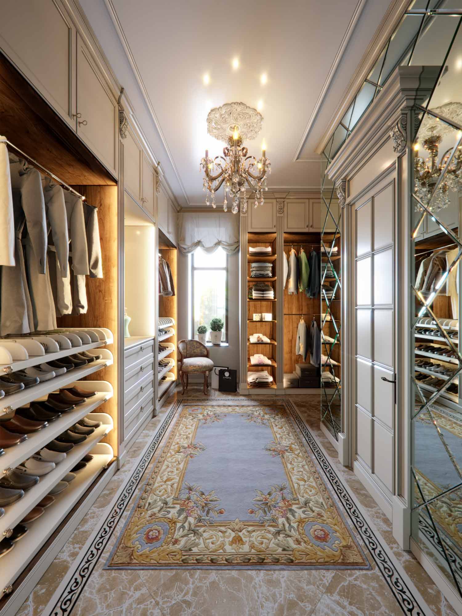 9 Walk in wardrobe with chandelier, french panelling, french chair and mirrors