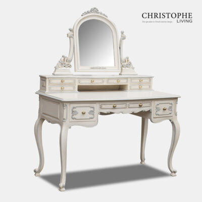 French style dressing table with multiple drawers and mirror and ornate French carving detailing and cabriole legs.