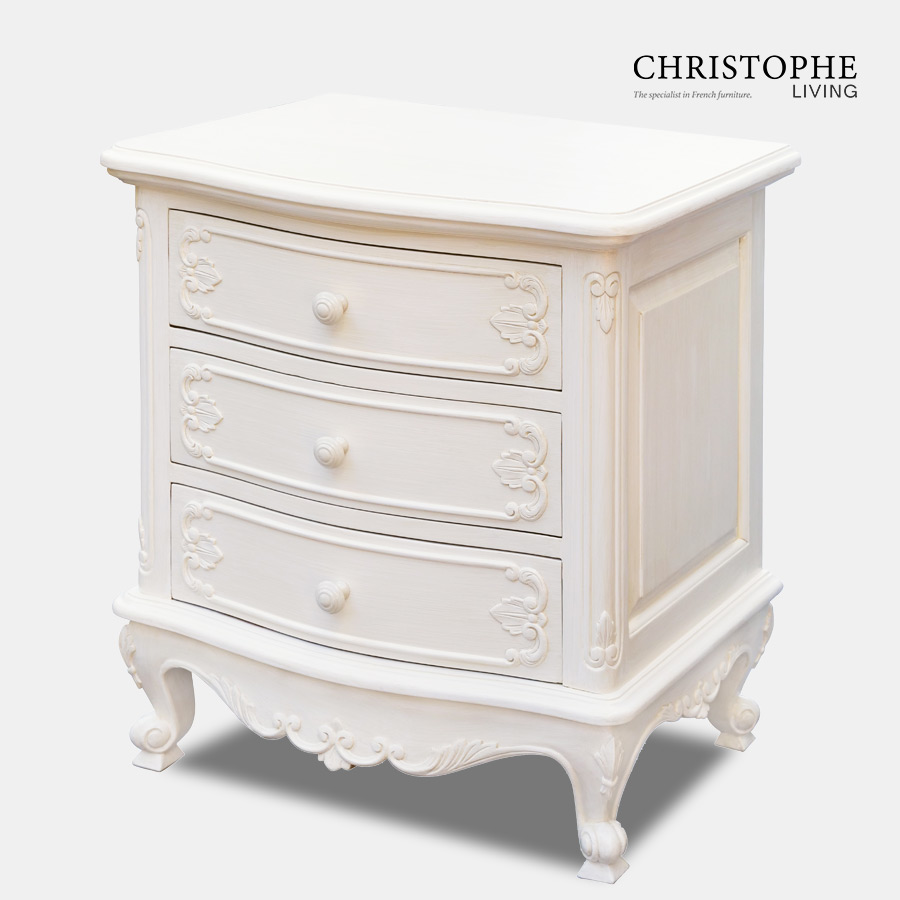 White painted French bedside table in Louis XV style with carved drawers and cabriole legs for French style bedroom