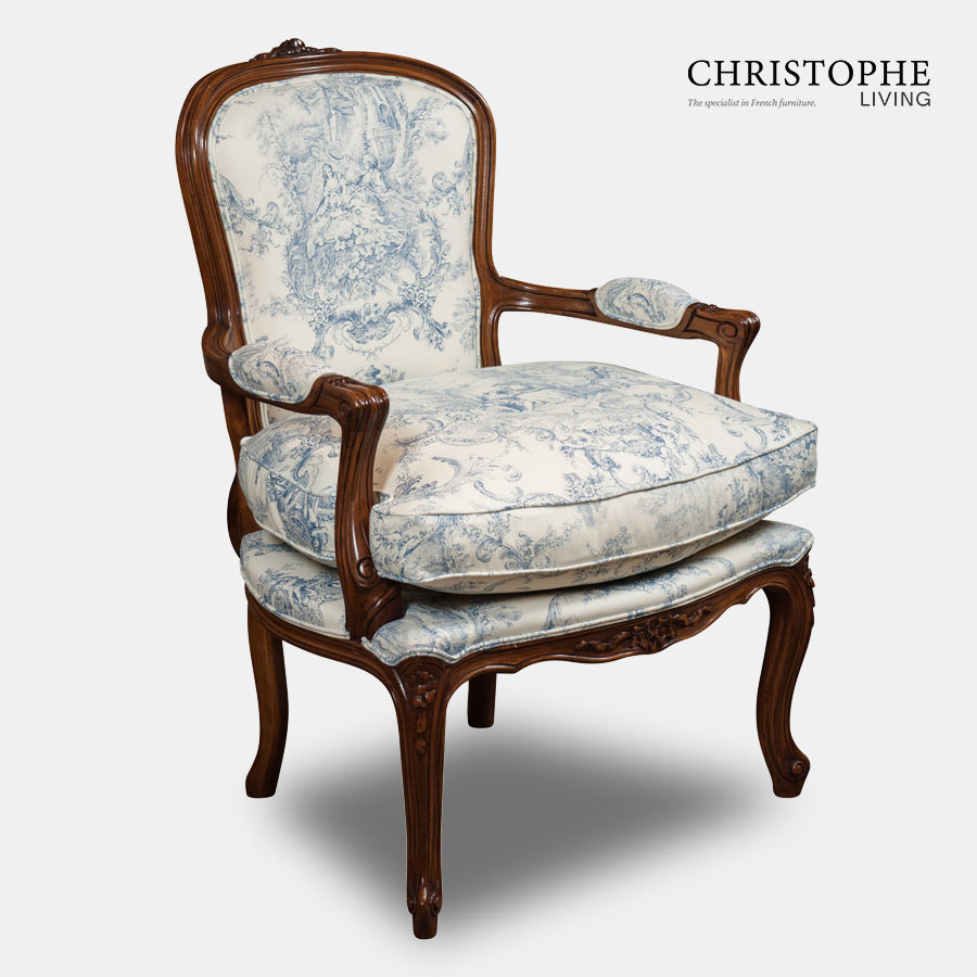 French style white painted bedroom chair fully upholstered in linen French fabric with loose cushion, in a timber walnut finish and carved in Italy.