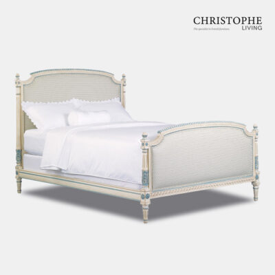 Full bed in French style with carving and painted finish in antique white and French blue