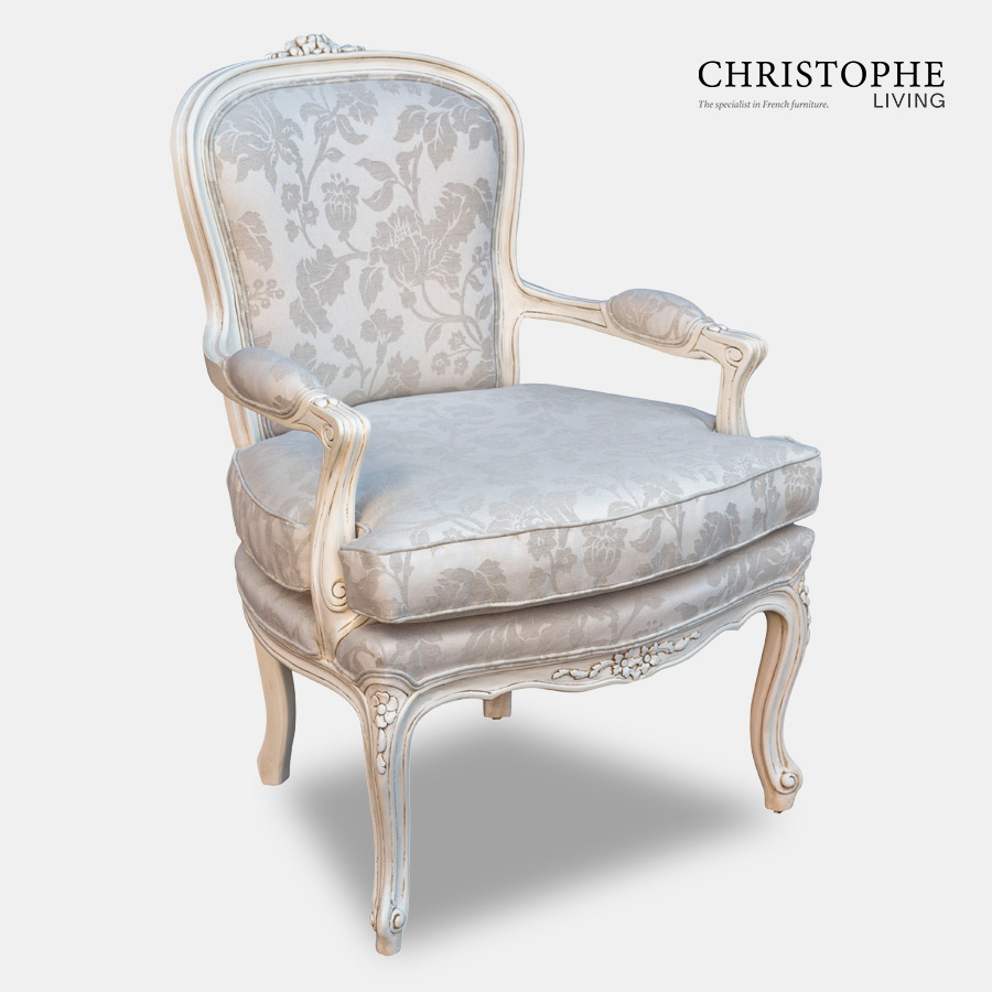 French provincial style salon chair fully upholstered with frame carved in Italy and French linen ideal for lounge or bedroom.