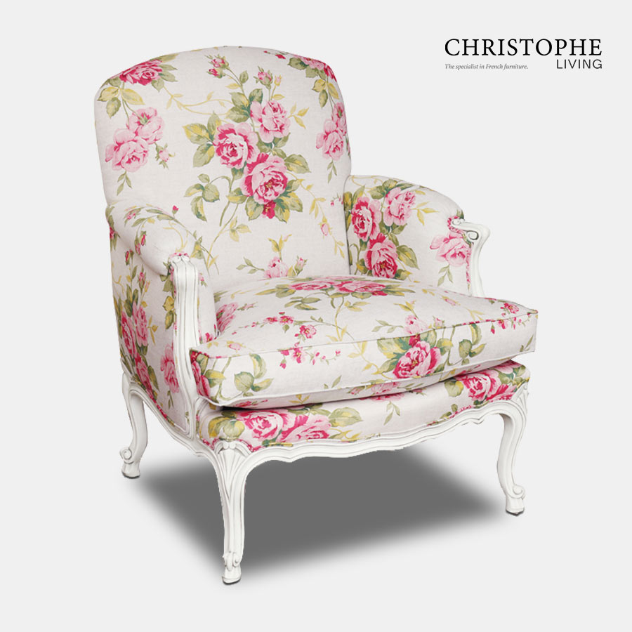 White French chair for bedroom or loungeroom in floral pink and green fabric with carved curved legs and fully upholstered.