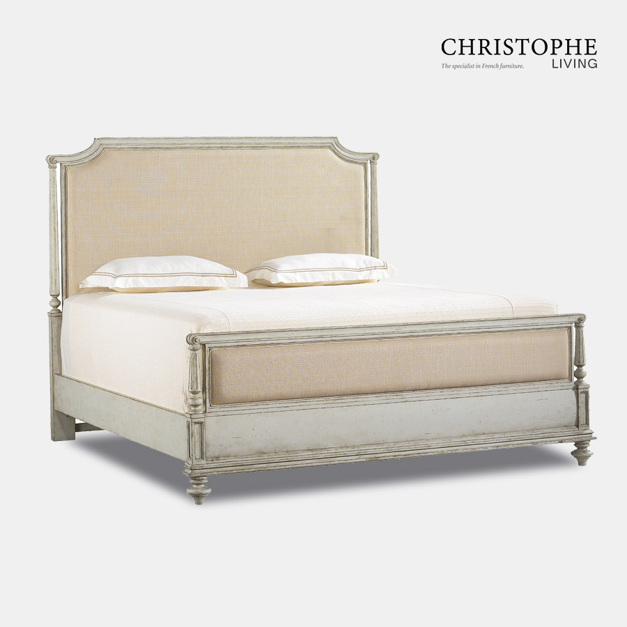 French style bed with Hamptons look in a green painted finish with antique patina