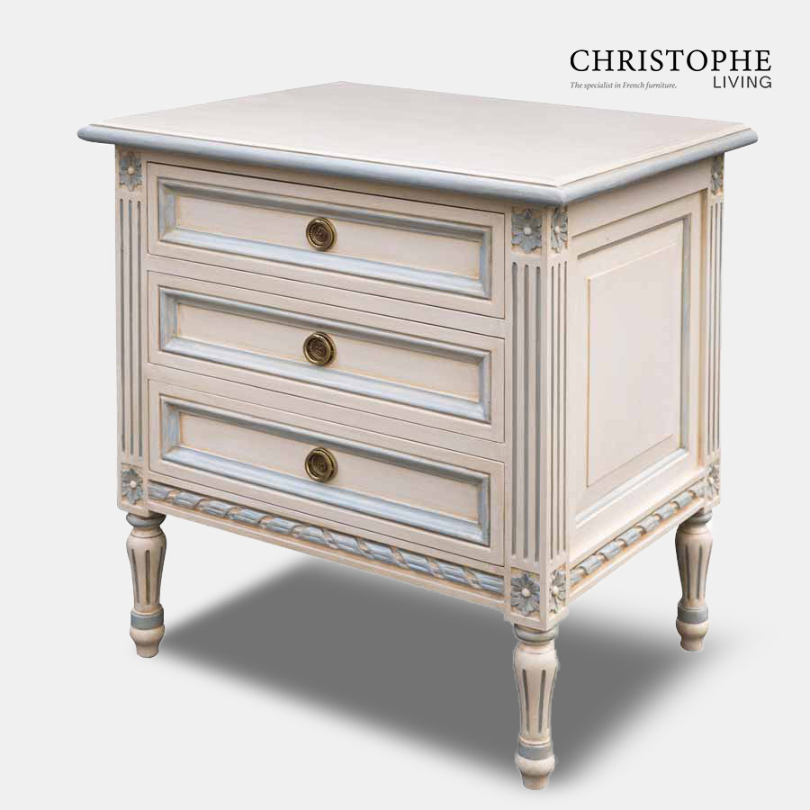 French bedside table with antique white painted finish and blue on carving with Louis XVI style legs and antique patina.