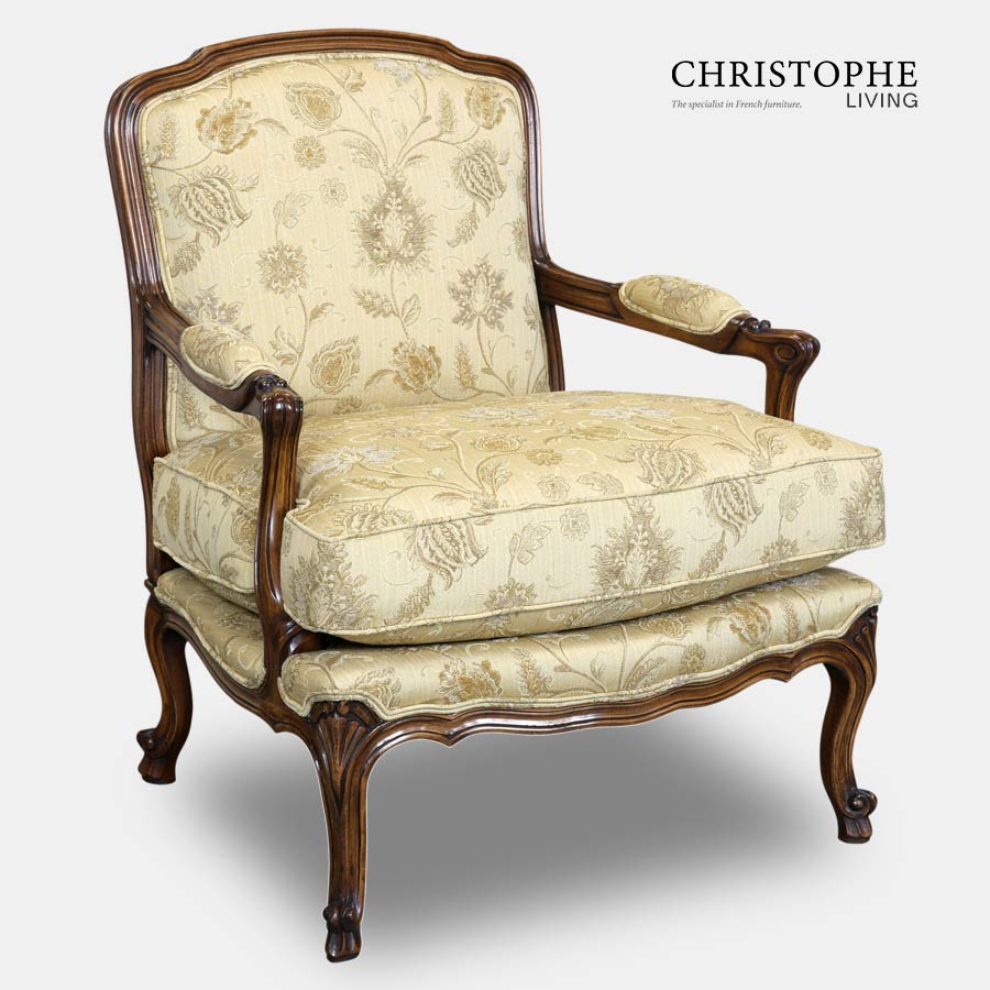 Golden damask fabric on timber finish chair in French style with walnut timber colour and made from European beech.