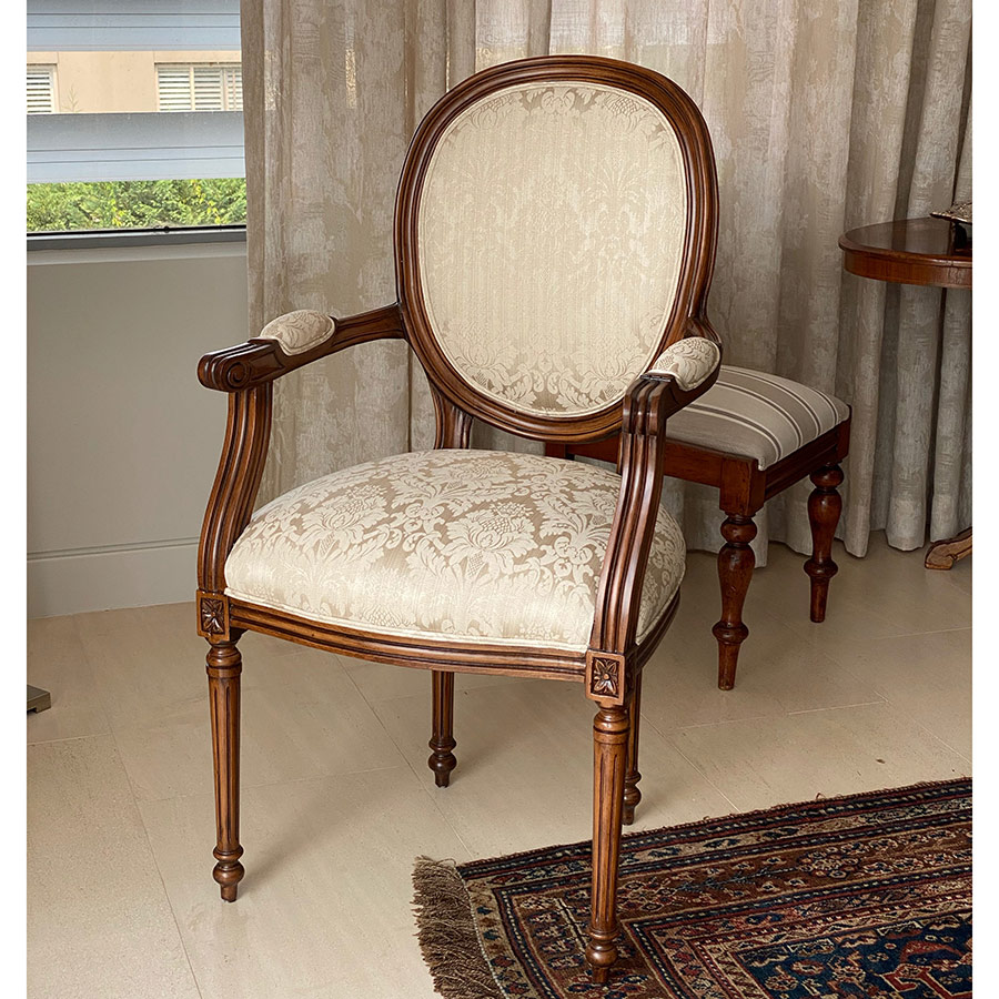 French Oval Back Dining Chair in Light Cream Demask