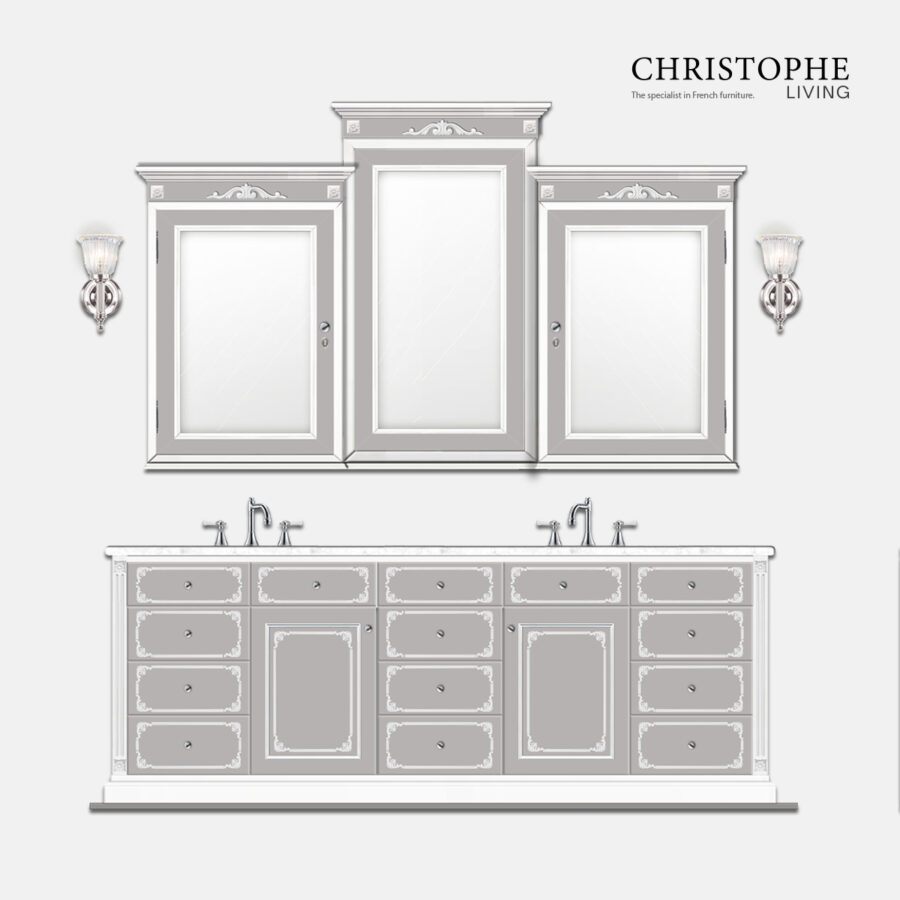 French Hamptons custom design with Louis 15 style features, bathroom vanity design