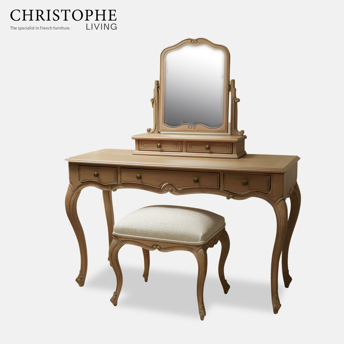 Hamptons French dresser with mirror and stool limewashed oak