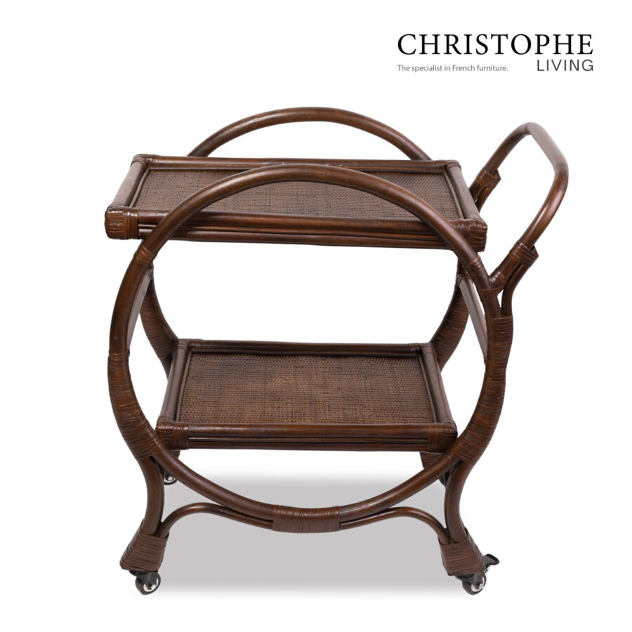 Aria English-Inspired Dark Rattan Bar Cart in Coffee Bean Finish