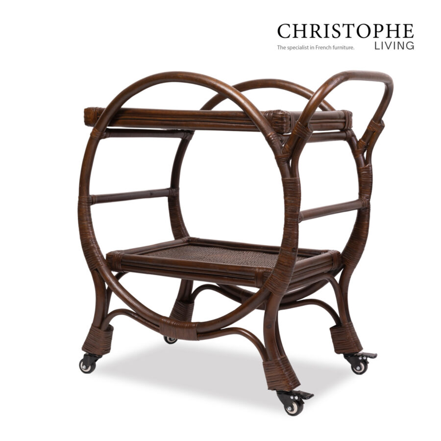 Aria English-Inspired Dark Rattan Bar Cart in Coffee Bean Finish