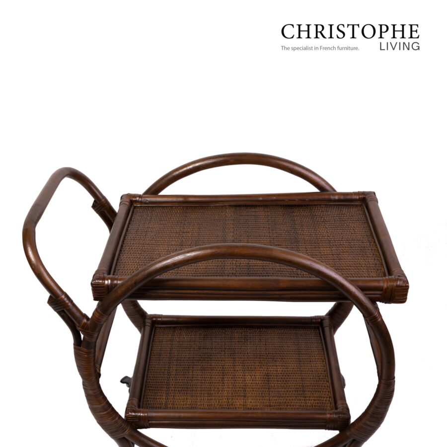 Aria English-Inspired Dark Rattan Bar Cart in Coffee Bean Finish