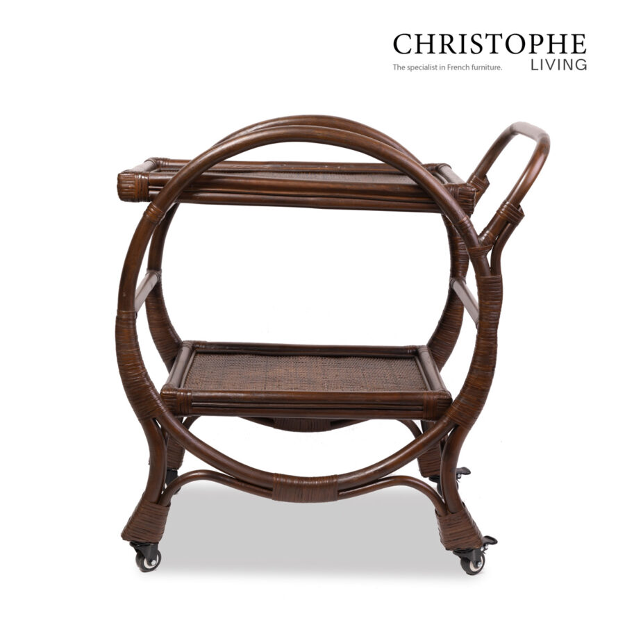 Aria English-Inspired Dark Rattan Bar Cart in Coffee Bean Finish