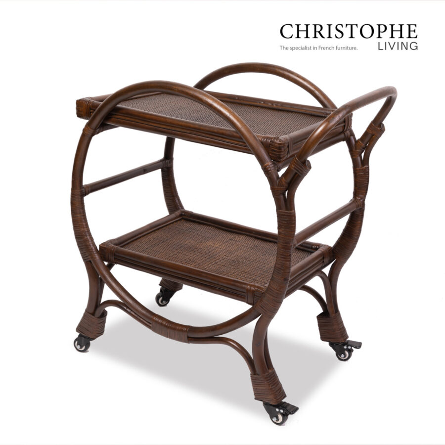 Aria English-Inspired Dark Rattan Bar Cart in Coffee Bean Finish