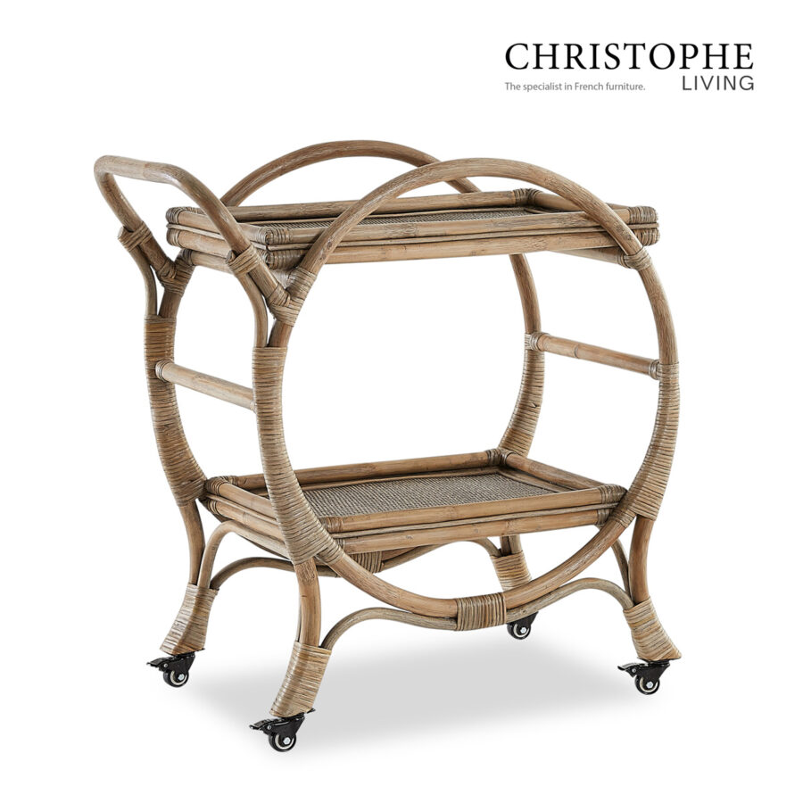 Aria English-Style Living Room Bar Cart in Natural Rattan - Mud Grey Finish