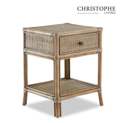 Aria English-Style Bedside Table in Natural Rattan Mud Grey