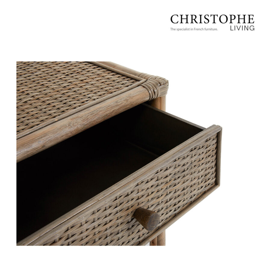 Aria English-Style Bedside Table in Natural Rattan Mud Grey