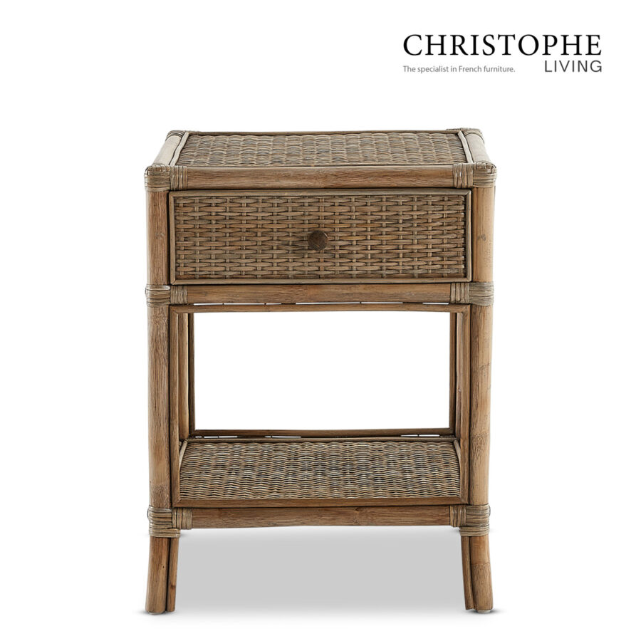 Aria English-Style Bedside Table in Natural Rattan Mud Grey