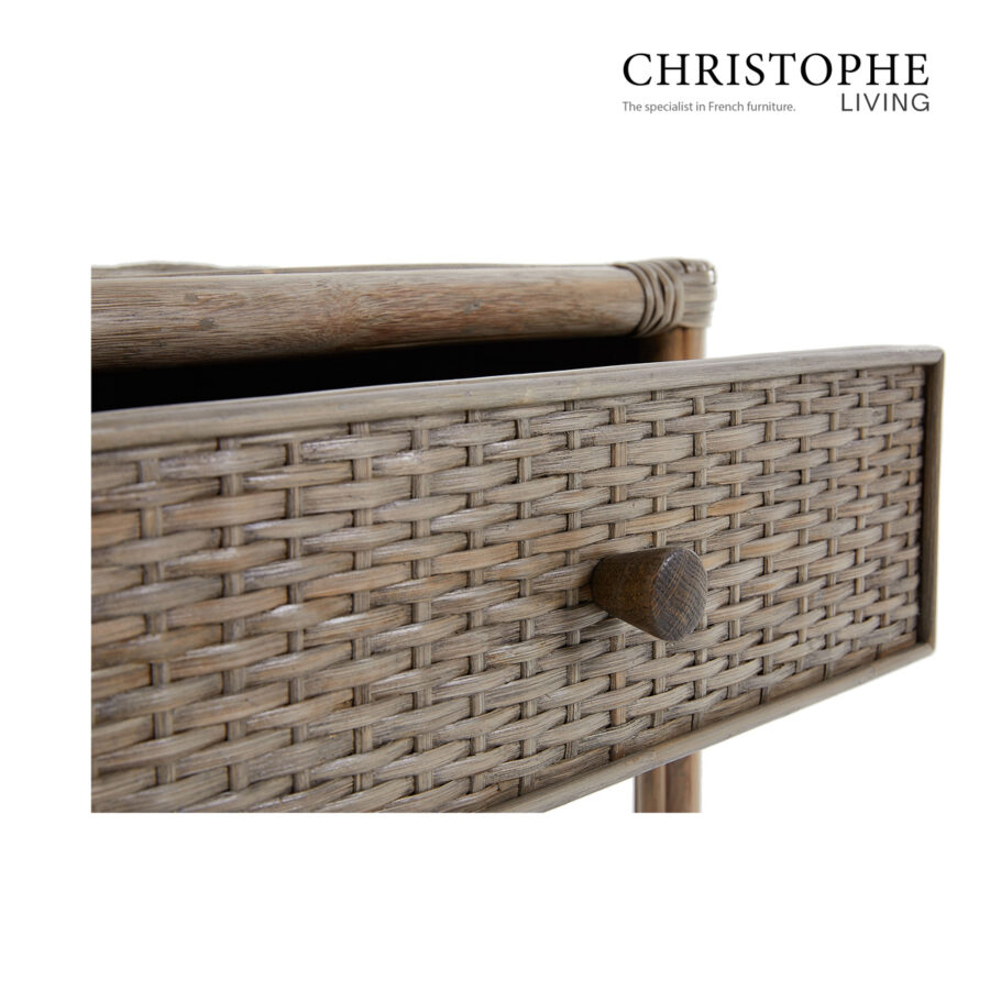 Aria English-Style Bedside Table in Natural Rattan Mud Grey