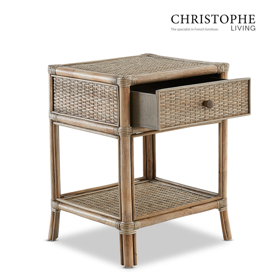 Aria English-Style Bedside Table in Natural Rattan Mud Grey