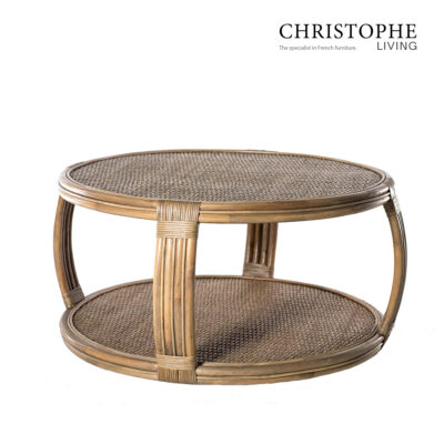 Aria English-Inspired Living Room Round Coffee Table in Natural Rattan Mud Grey
