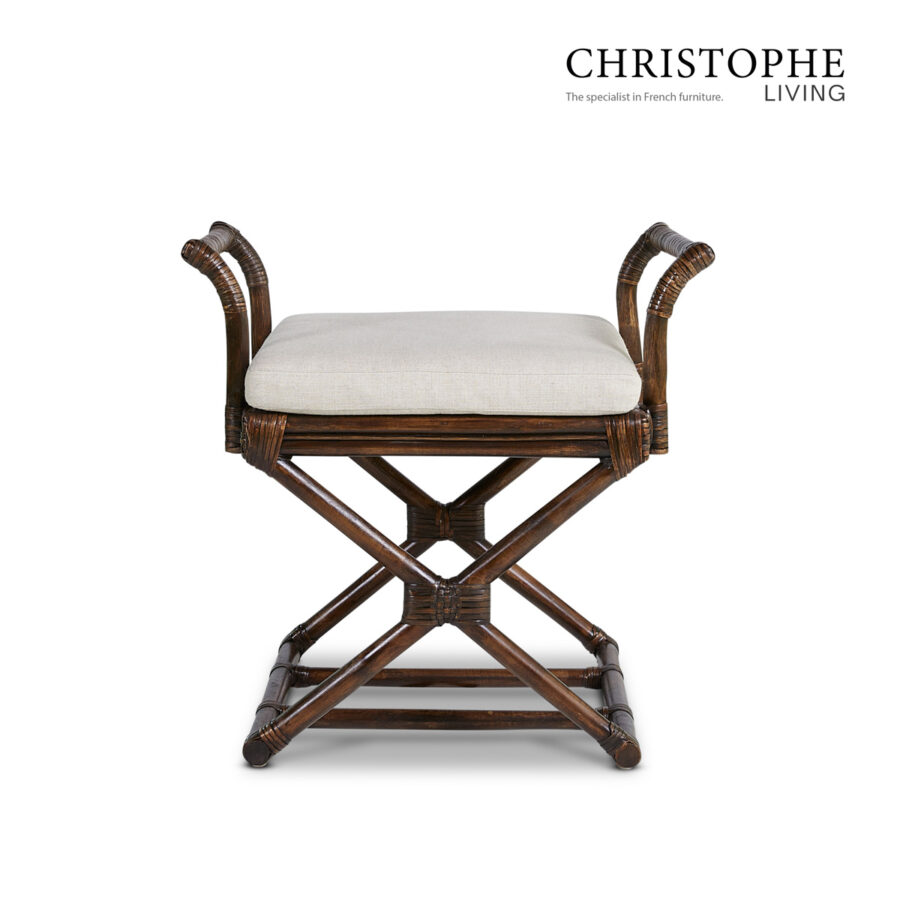 Aria French Provincial Living Room Stool with X-Cross Shape, Dark Cane Frame and White Fabric Cushion