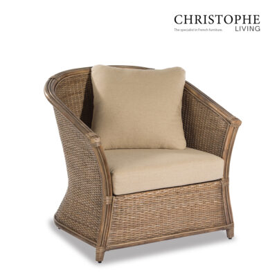 Aria Curved Natural Rattan Lounge Chair in Mud Grey with Plush Cushions
