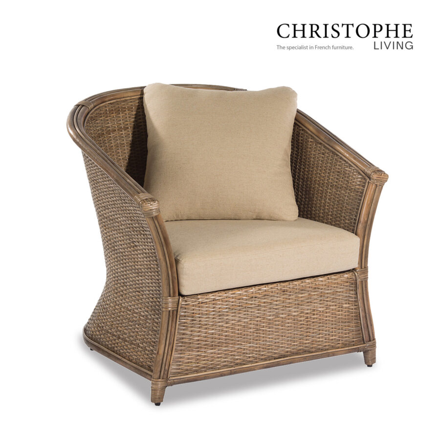 Aria Curved Natural Rattan Lounge Chair in Mud Grey with Plush Cushions