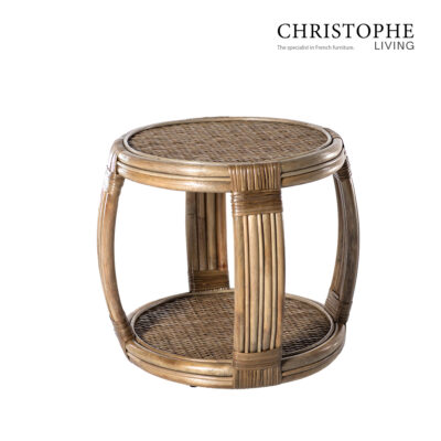 Aria English Country Living Room Round Side Table in Natural Rattan, Mud Grey Finish