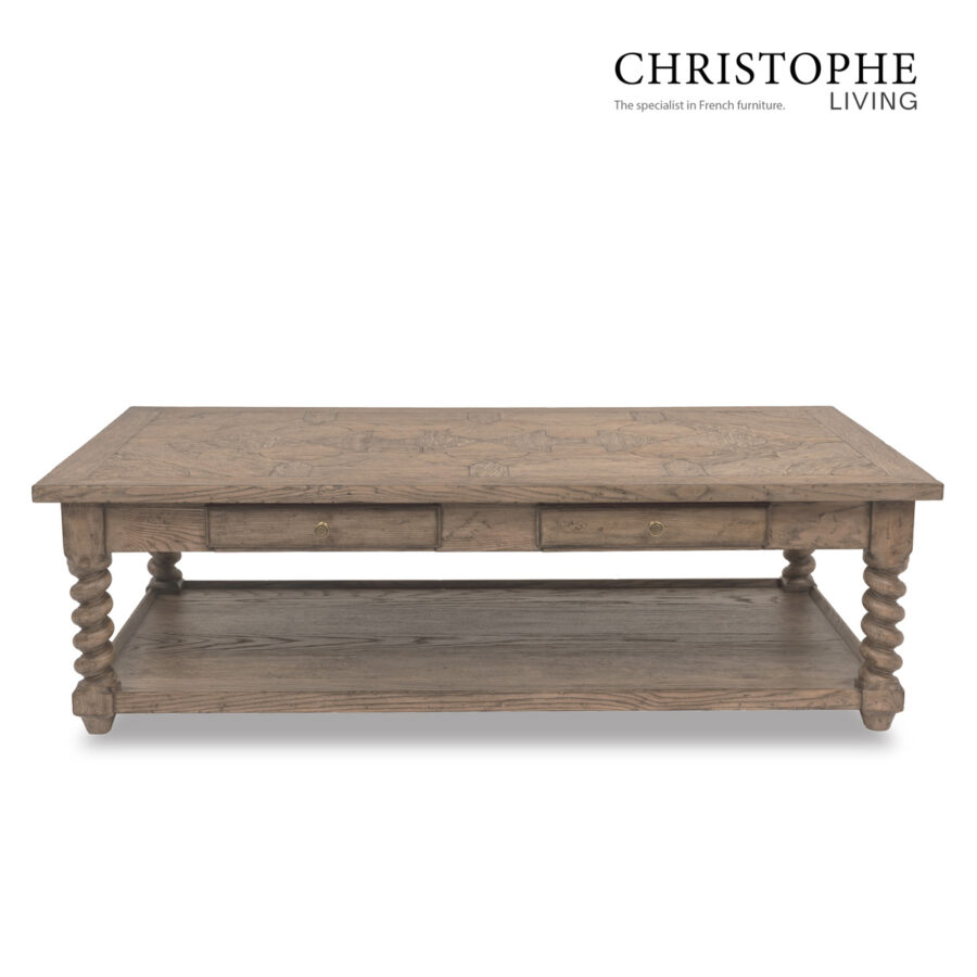 Augustus Living Room Coffee Table with Barley Twisted Legs and Parquetry Timber Top in Salvaged Oak