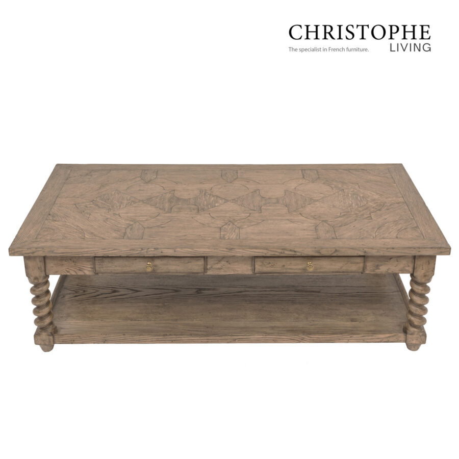 Augustus Living Room Coffee Table with Barley Twisted Legs and Parquetry Timber Top in Salvaged Oak