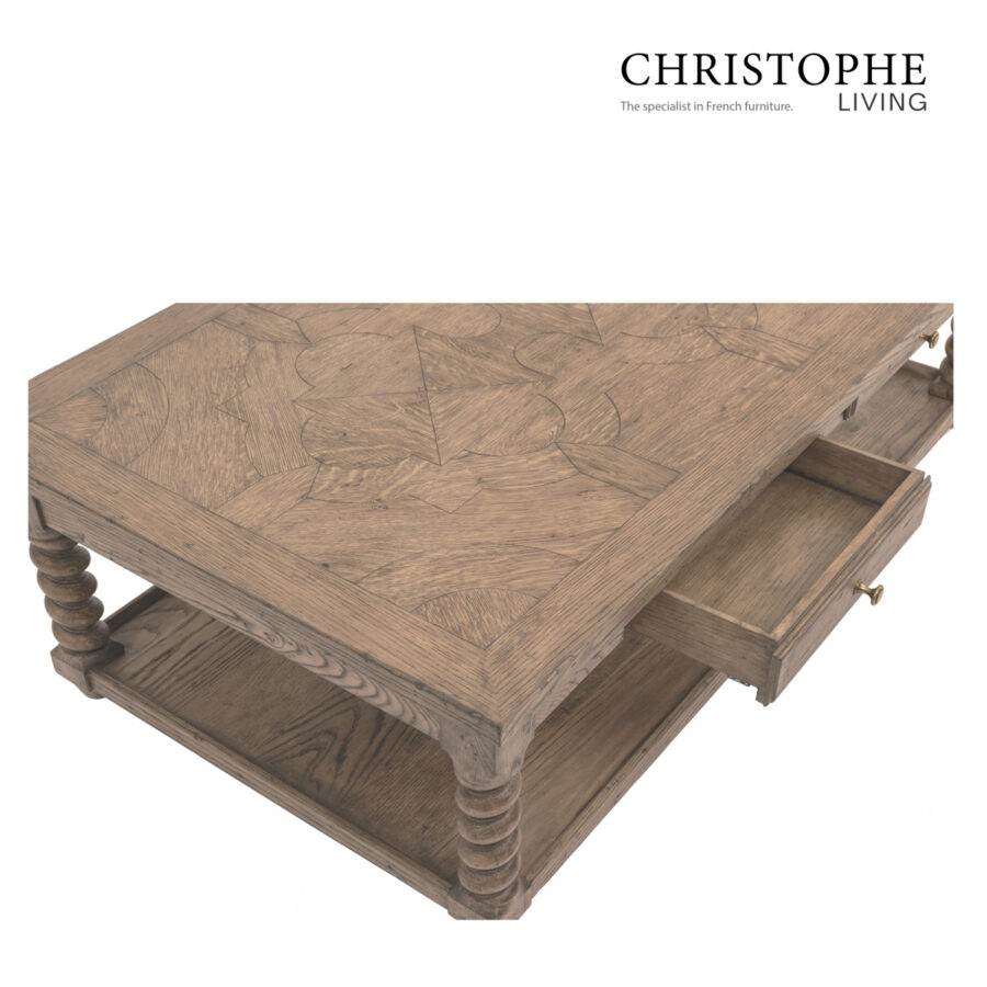 Augustus Living Room Coffee Table with Barley Twisted Legs and Parquetry Timber Top in Salvaged Oak