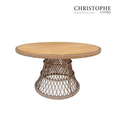 Avalon English Revival Round Dining Table with Teak Top and Rattan Wicker Base