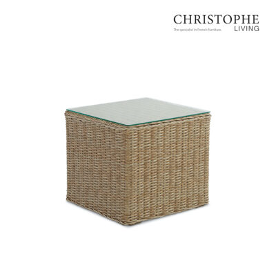 Byron Rattan Wicker Side Table with Glass Top in Natural Finish for Outdoor Patio