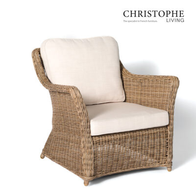 Cable French Provincial Outdoor Lounge Chair in Natural Synthetic Rattan and Wicker
