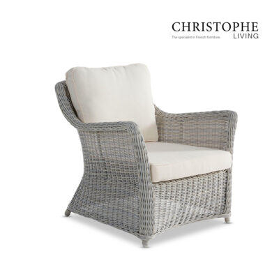 Cable French Provincial Outdoor Lounge Chair in White Grey Synthetic Rattan and Wicker