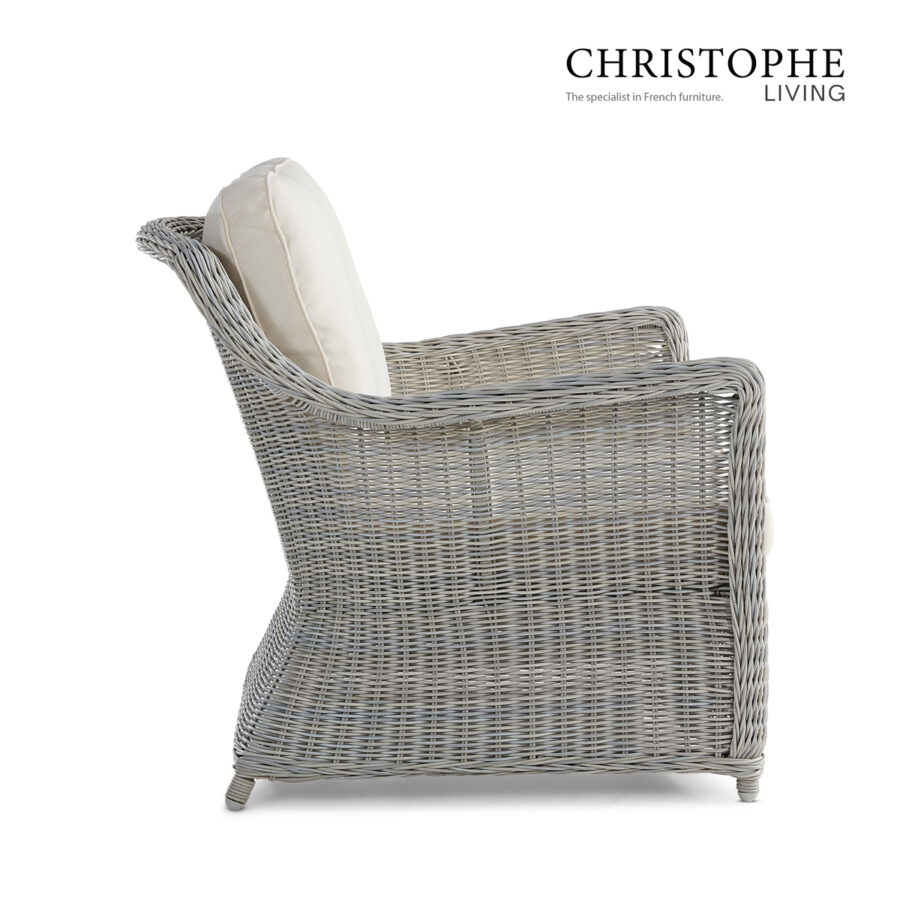 Cable French Provincial Outdoor Lounge Chair in White Grey Synthetic Rattan and Wicker