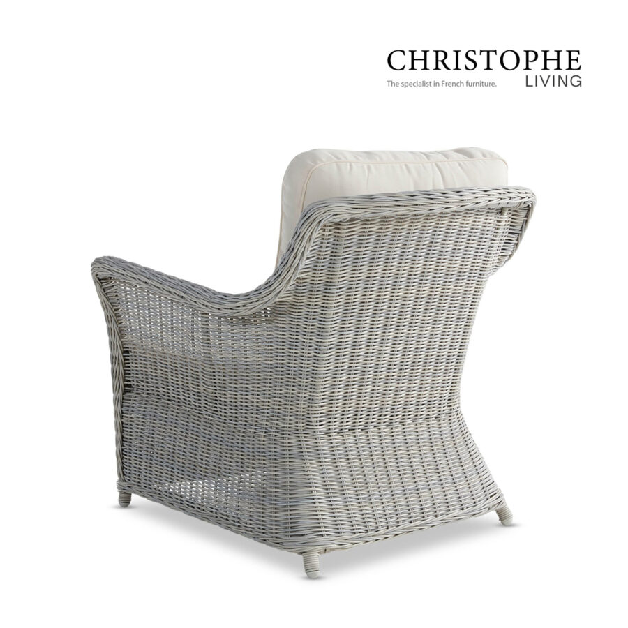 Cable French Provincial Outdoor Lounge Chair in White Grey Synthetic Rattan and Wicker