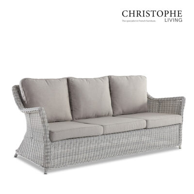 Cable French Provincial Outdoor 3-Seater Sofa in White Grey Synthetic Rattan and Wicker