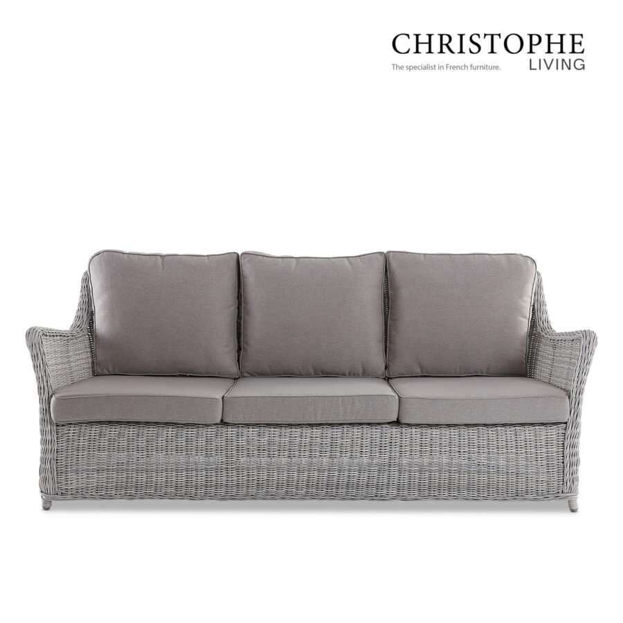 Cable French Provincial Outdoor 3-Seater Sofa in White Grey Synthetic Rattan and Wicker