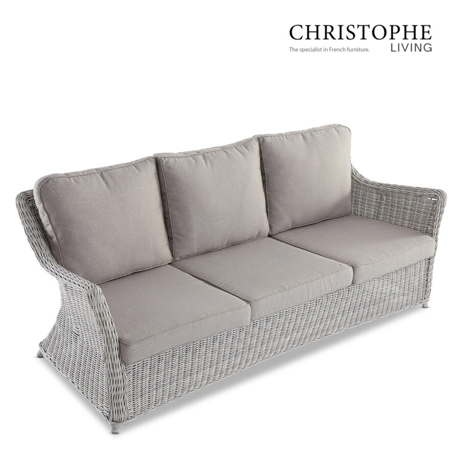 Cable French Provincial Outdoor 3-Seater Sofa in White Grey Synthetic Rattan and Wicker