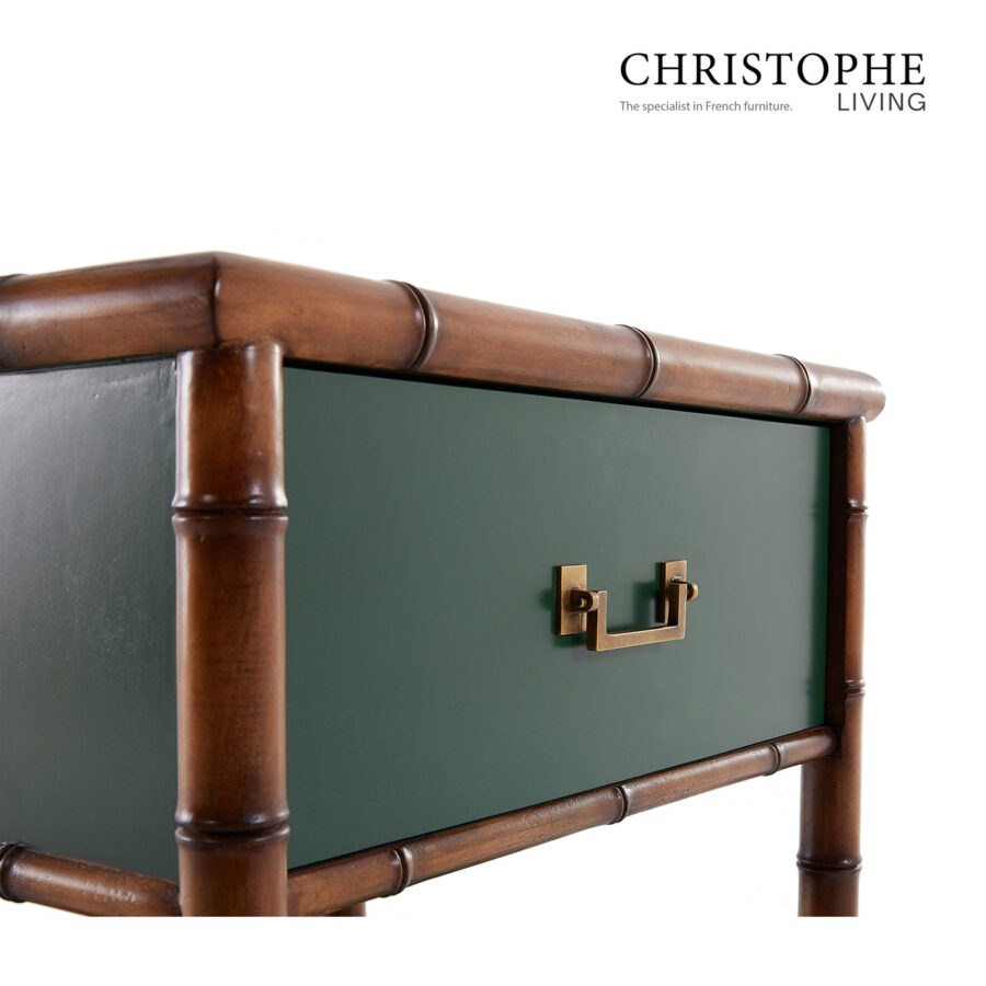 Capri Bamboo Style Bedside Table in Antique Brass Green